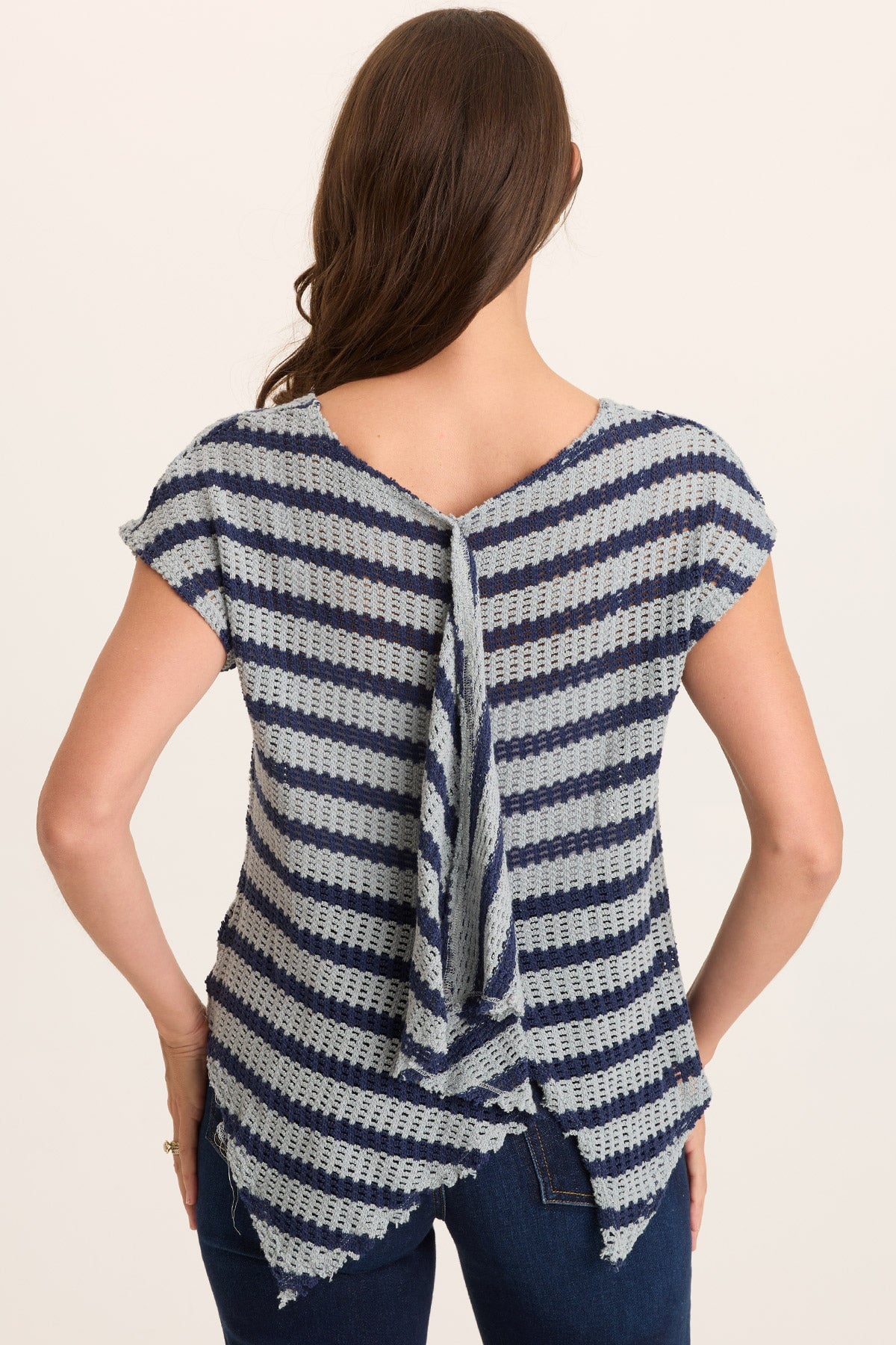 Navy Stripe Knit Waterfall Back Lawder Short Sleeve Top Carefree Pigment - XCVI