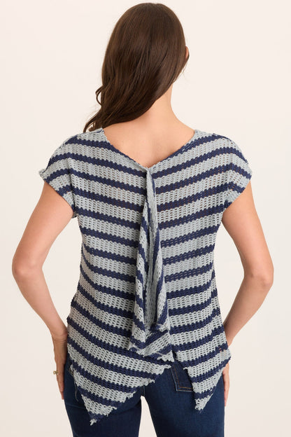 Navy Stripe Knit Waterfall Back Lawder Short Sleeve Top Carefree Pigment - XCVI