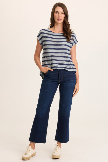 Navy Stripe Knit Waterfall Back Lawder Short Sleeve Top Carefree Pigment - XCVI