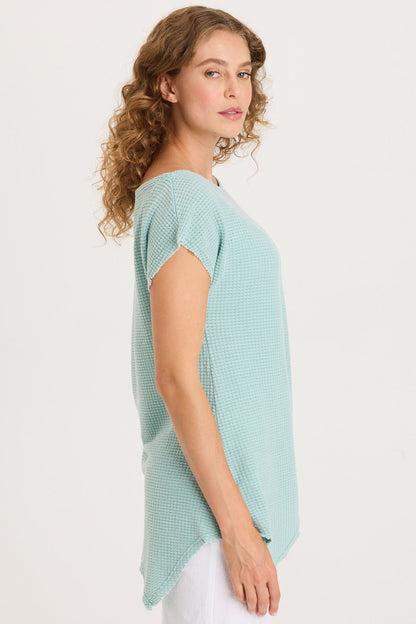 Imrie Off-Shoulder Asymmetrical Hem and Sleeves Boat Neck Top Distress Wash Feldspar - XCVI