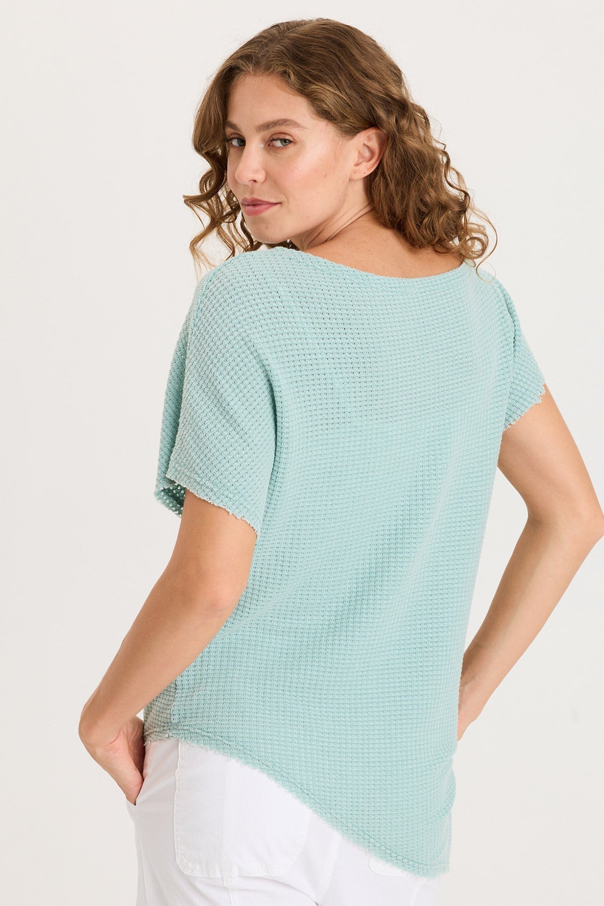 Imrie Off-Shoulder Asymmetrical Hem and Sleeves Boat Neck Top Distress Wash Feldspar - XCVI