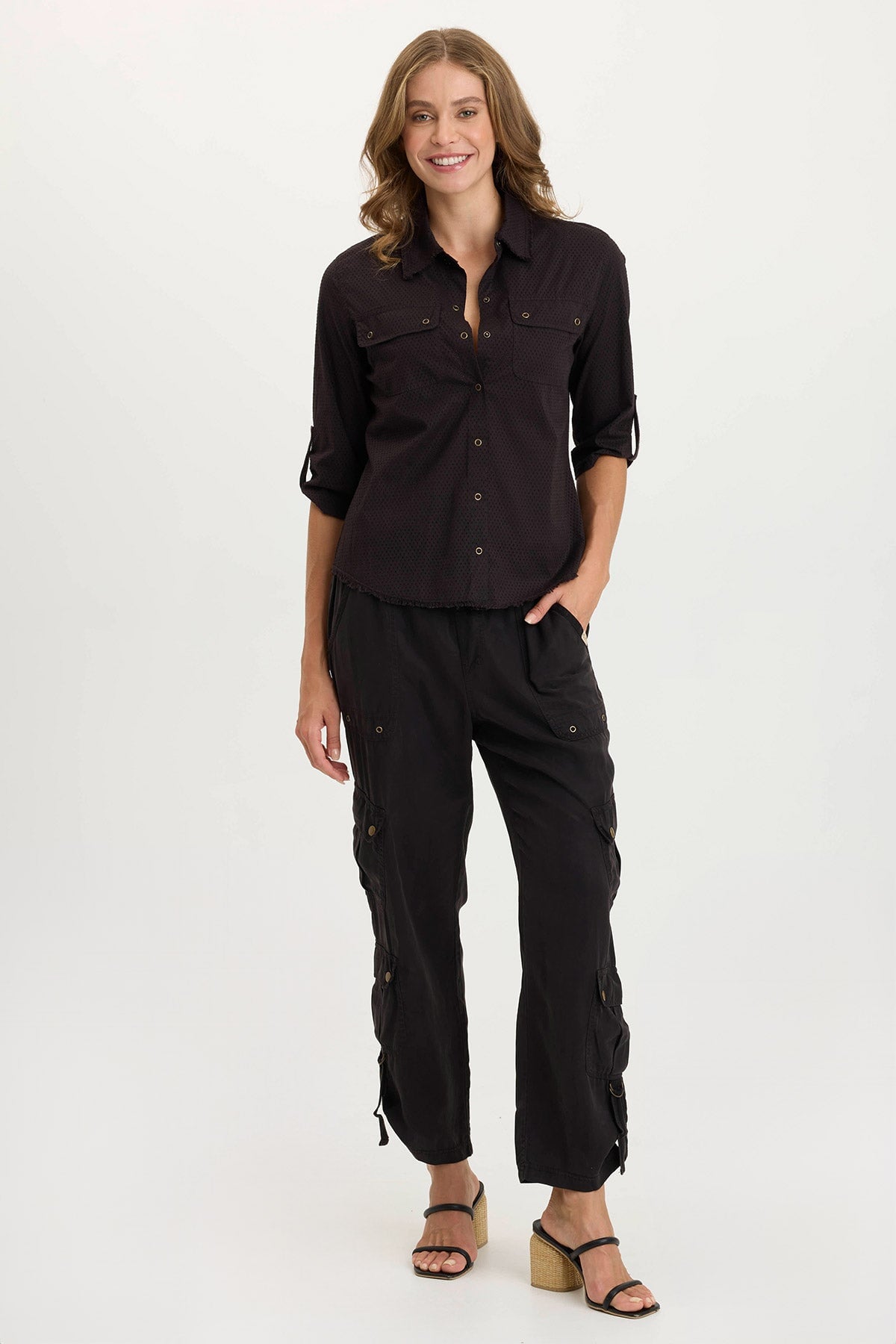 Arvin Peforated Poplin + Jersey Airy 3/4-Sleeve Snap-Up Top Black - XCVI