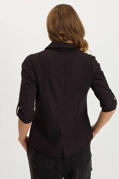 Arvin Peforated Poplin + Jersey Airy 3/4-Sleeve Snap-Up Top Black - XCVI