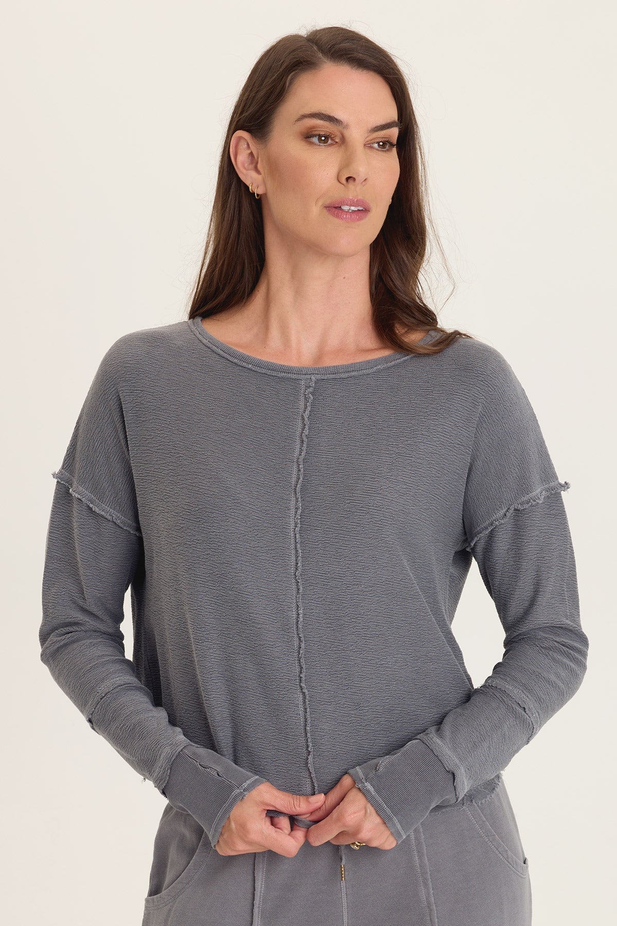 Wearables Annika Long Sleeve Boat Neck Crepe Knit Top Nebulous Pigment - XCVI