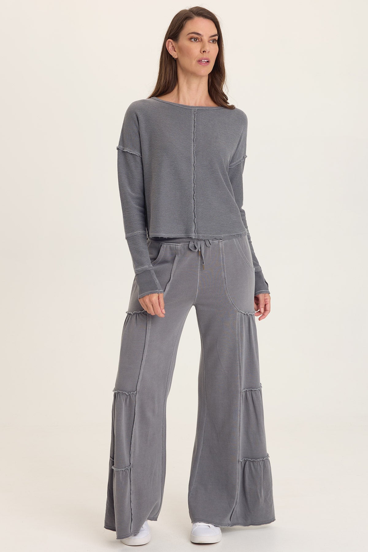 Wearables Annika Long Sleeve Boat Neck Crepe Knit Top Nebulous Pigment - XCVI