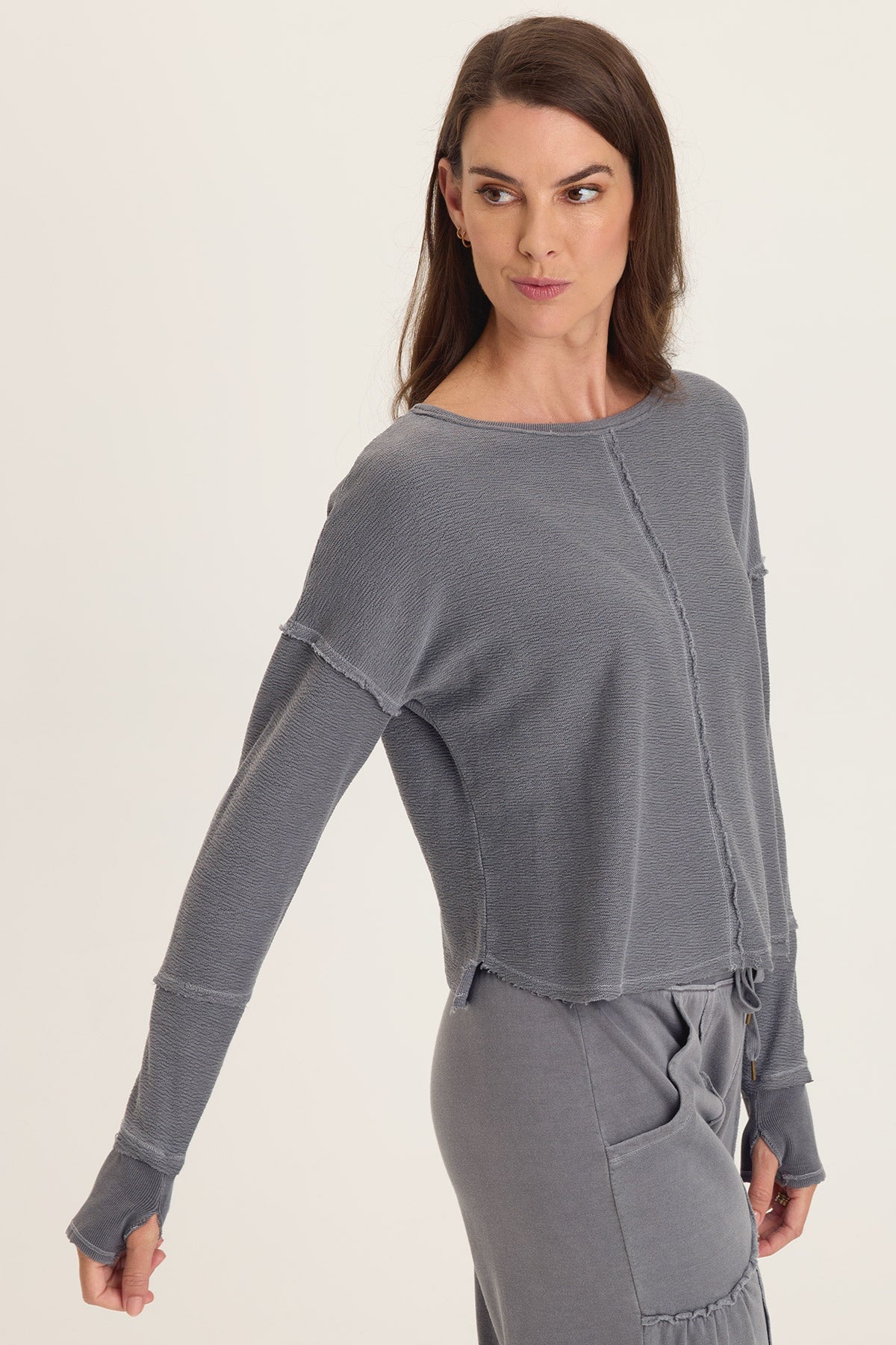 Wearables Annika Long Sleeve Boat Neck Crepe Knit Top Nebulous Pigment - XCVI