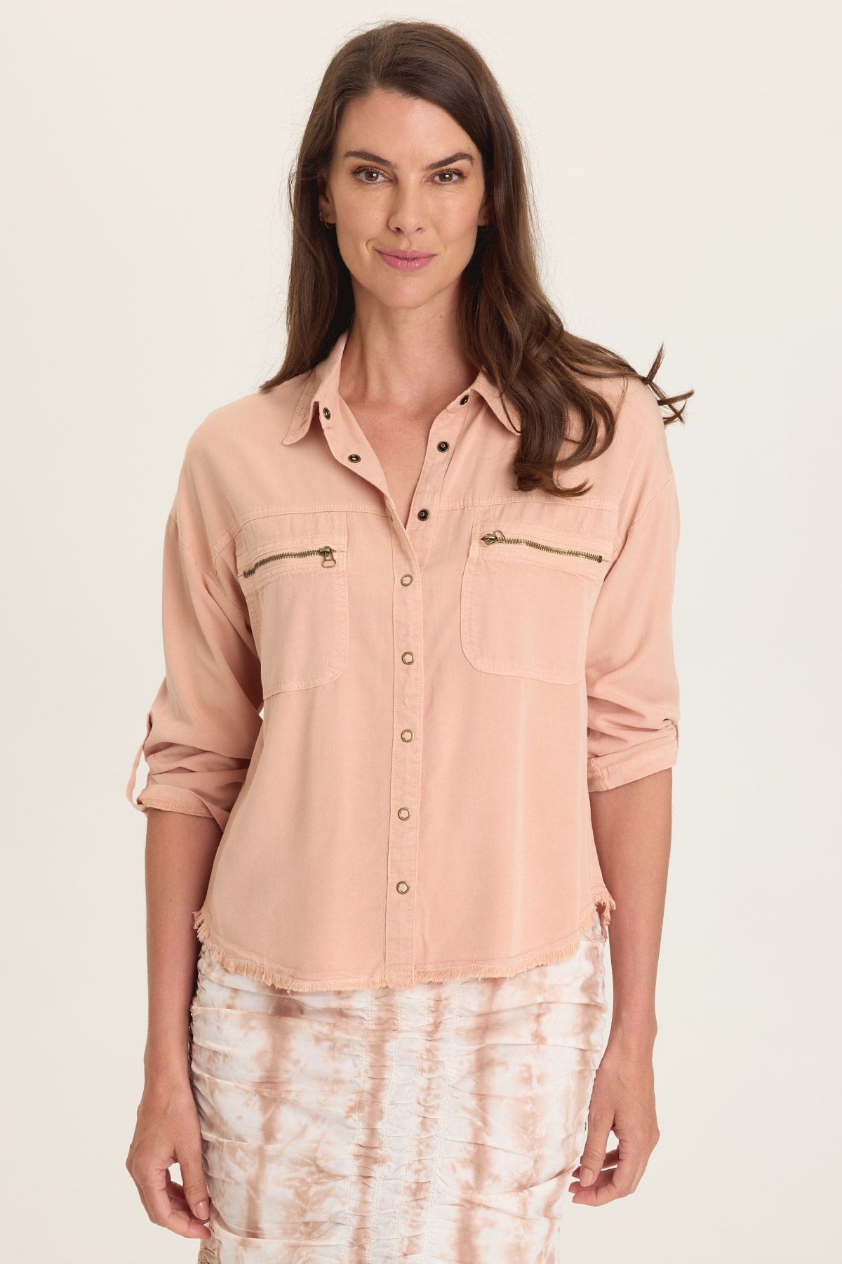 Wearables Knapp Distressed Twill 3/4-Sleeve Cargo Button-Up Burnished Caramel Pigment - XCVI