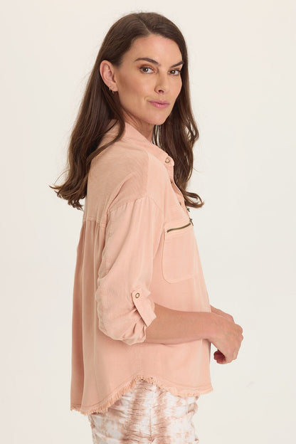 Wearables Knapp Distressed Twill 3/4-Sleeve Cargo Button-Up Burnished Caramel Pigment - XCVI