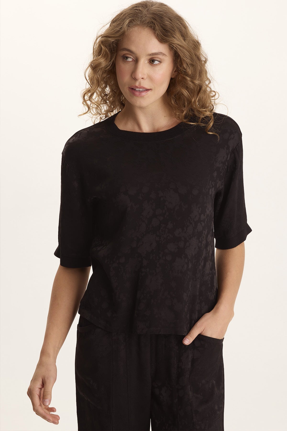 Chelan Textured Satin Embossed Relaxed Fit Top Black - XCVI