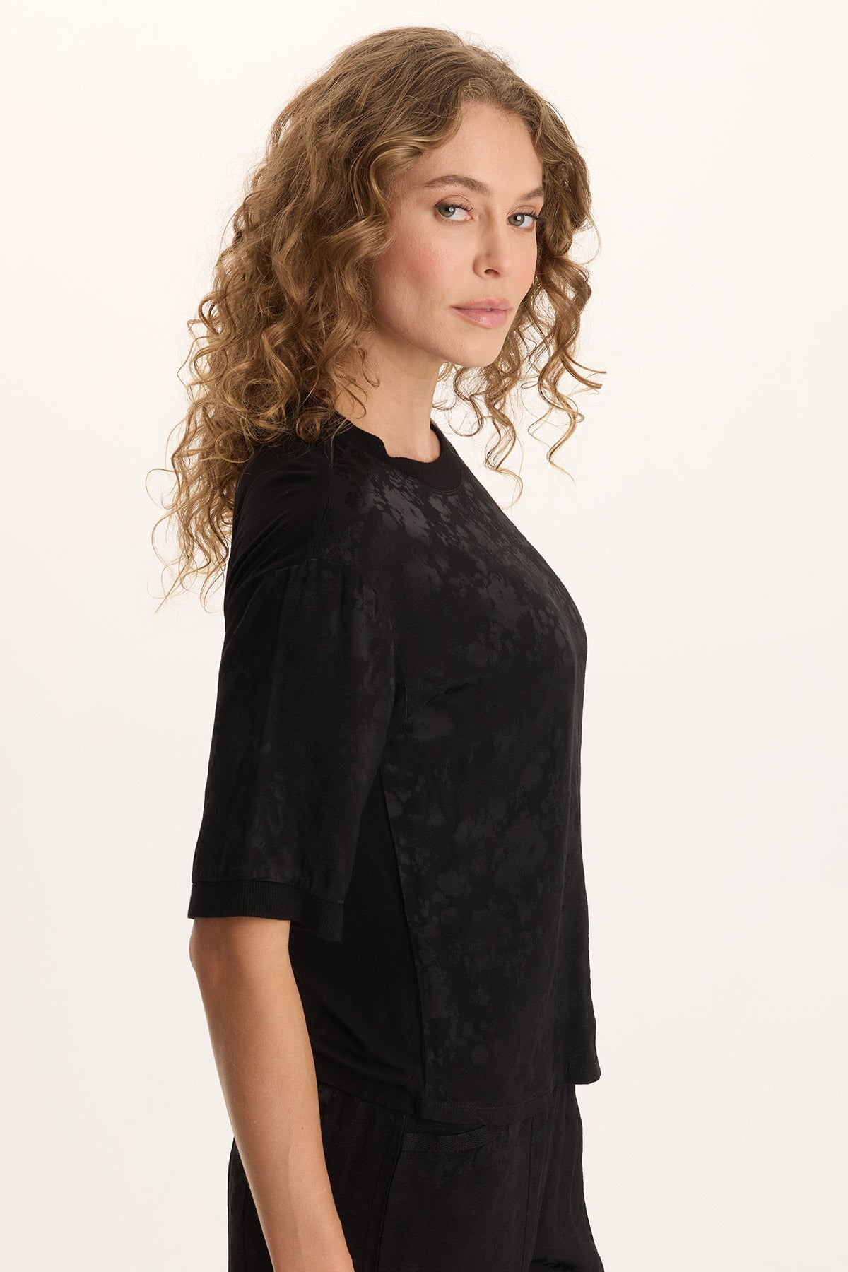 Chelan Textured Satin Embossed Relaxed Fit Top Black - XCVI