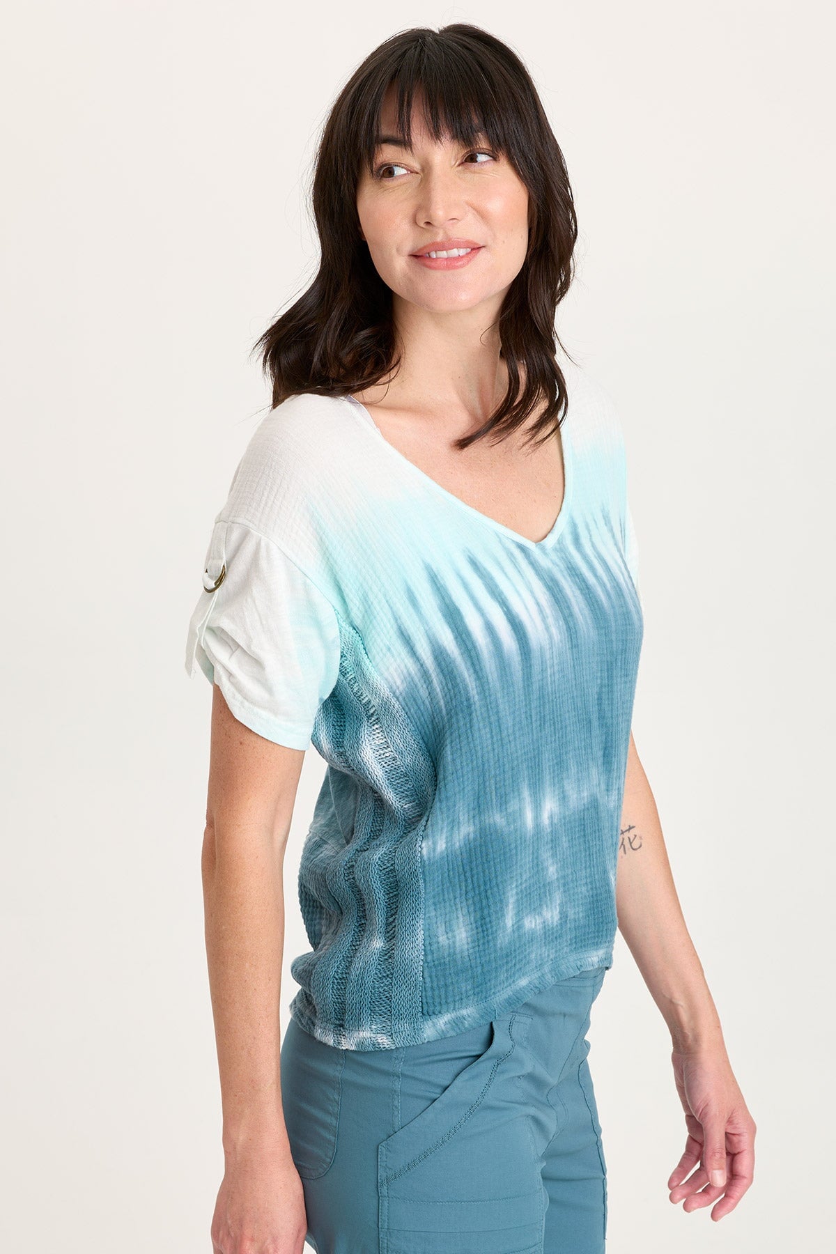 Milani Gauze Ladder Lace Trim Tabbed Short Sleeve V-Neck Top Paradox Wash Sea Port - XCVI