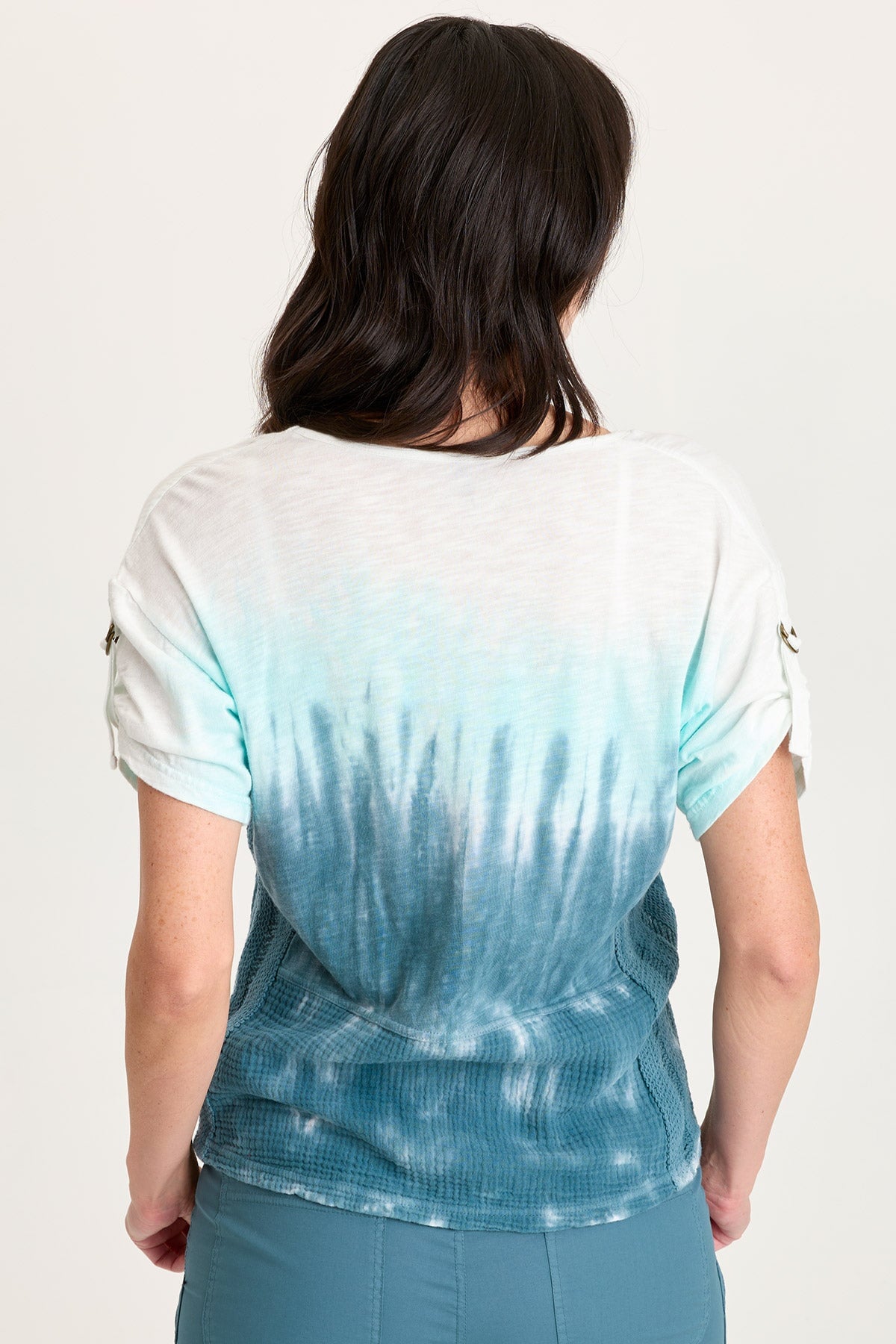 Milani Gauze Ladder Lace Trim Tabbed Short Sleeve V-Neck Top Paradox Wash Sea Port - XCVI