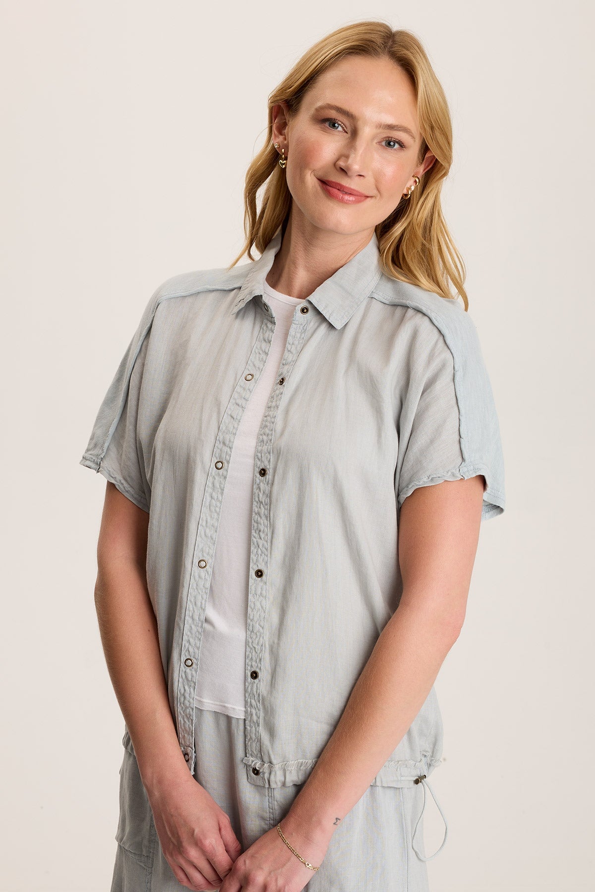 Inola Linen Cinched Button-Up Top Grey Marble - XCVI