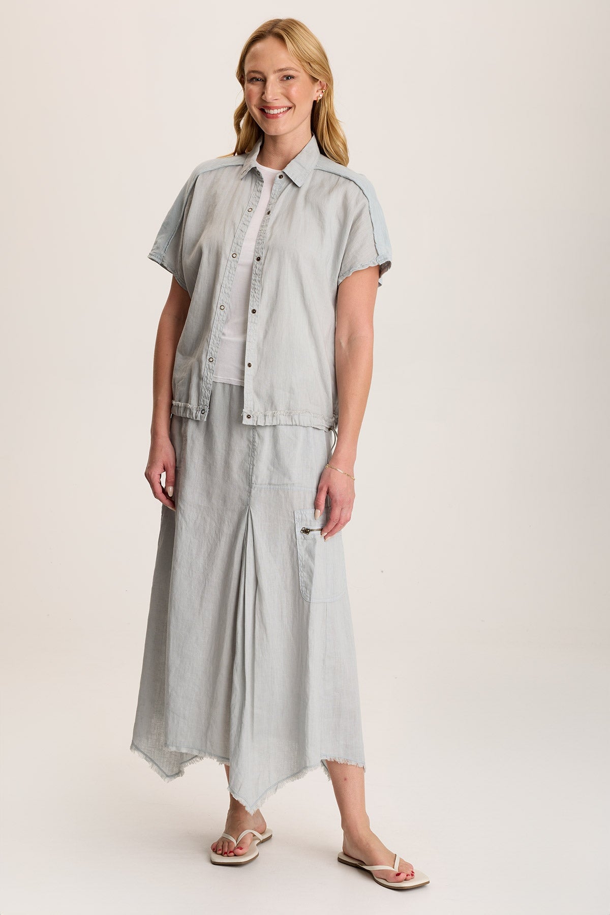 Inola Linen Cinched Button-Up Top Grey Marble - XCVI
