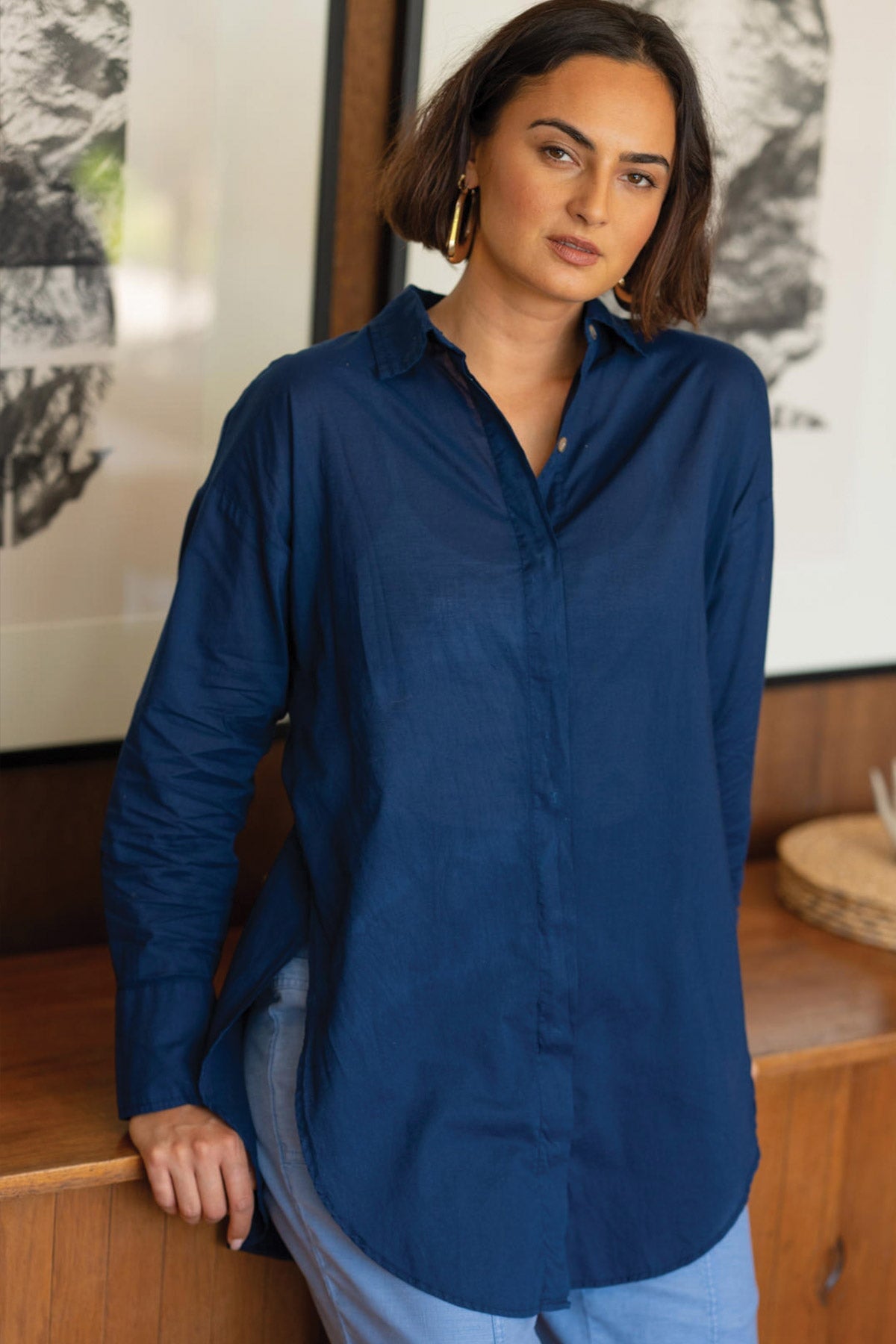 Wearables Ellard Cotton Voile High-Low Side-Slit Button-Up Blouse Airdale Pigment - XCVI