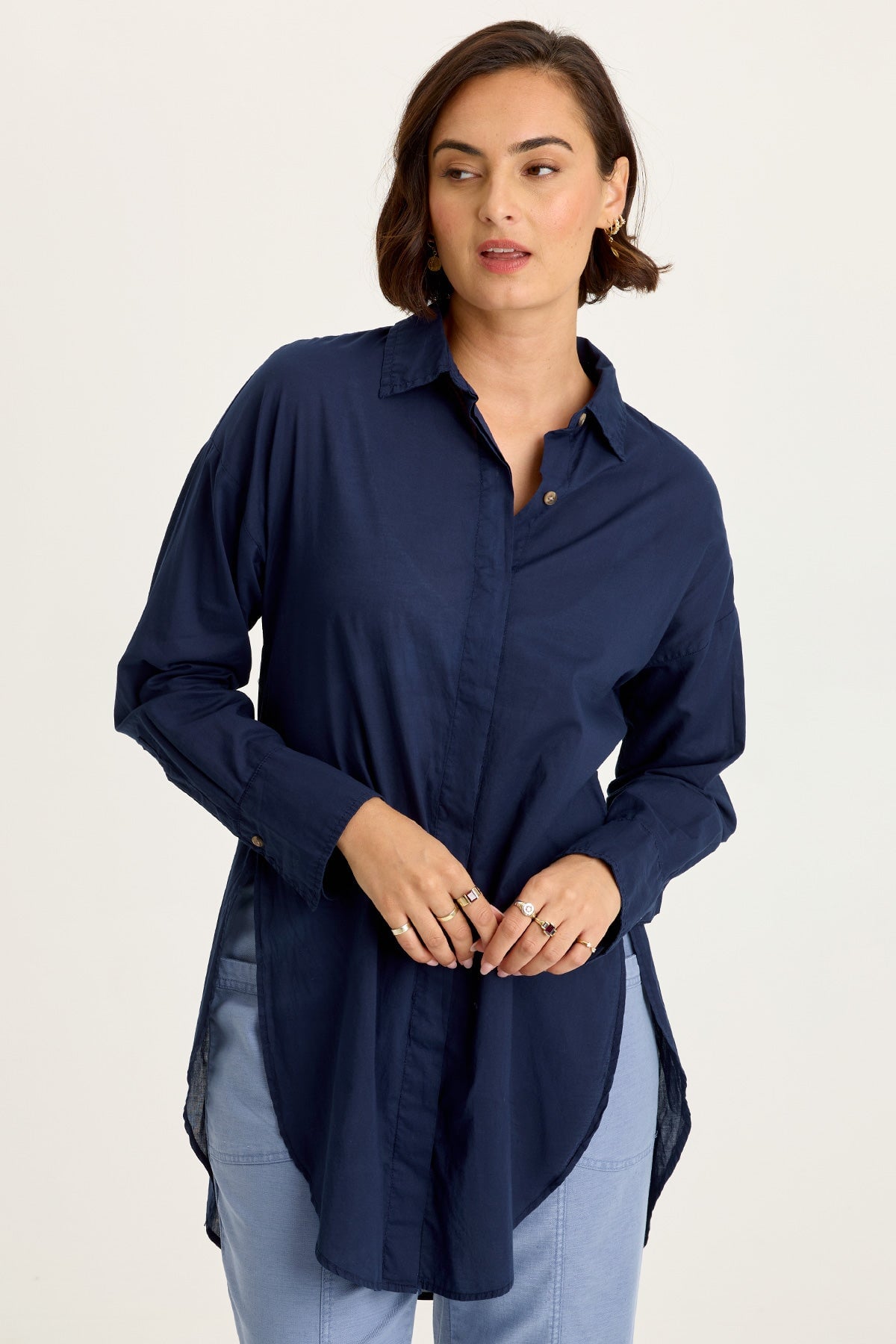 Wearables Ellard Cotton Voile High-Low Side-Slit Button-Up Blouse Airdale Pigment - XCVI