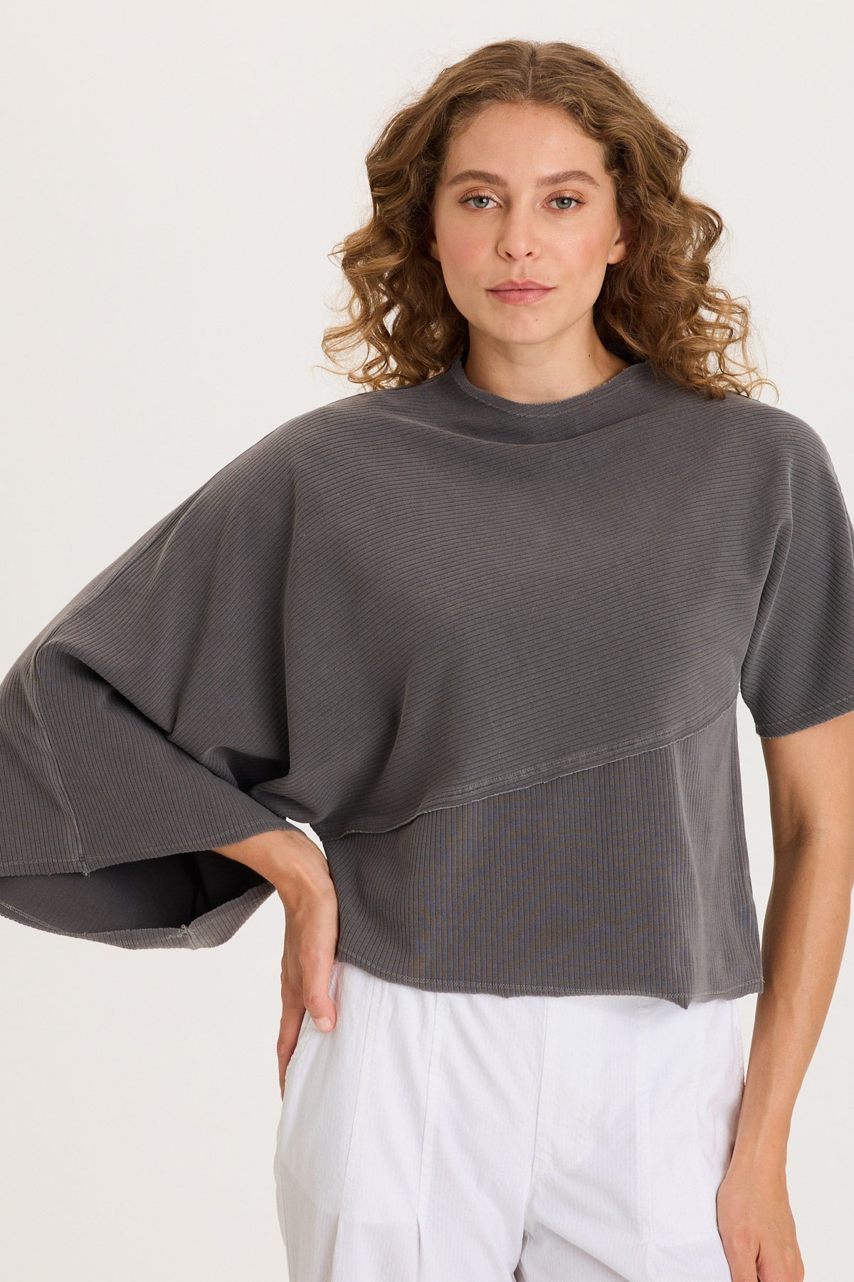 Gilchrist Asymmetrcal Short and Long Sleeve Rib Top Magnetic Grey Pigment - XCVI