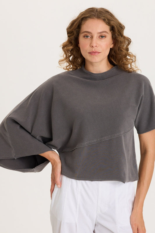 Gilchrist Asymmetrcal Short and Long Sleeve Rib Top Magnetic Grey Pigment - XCVI