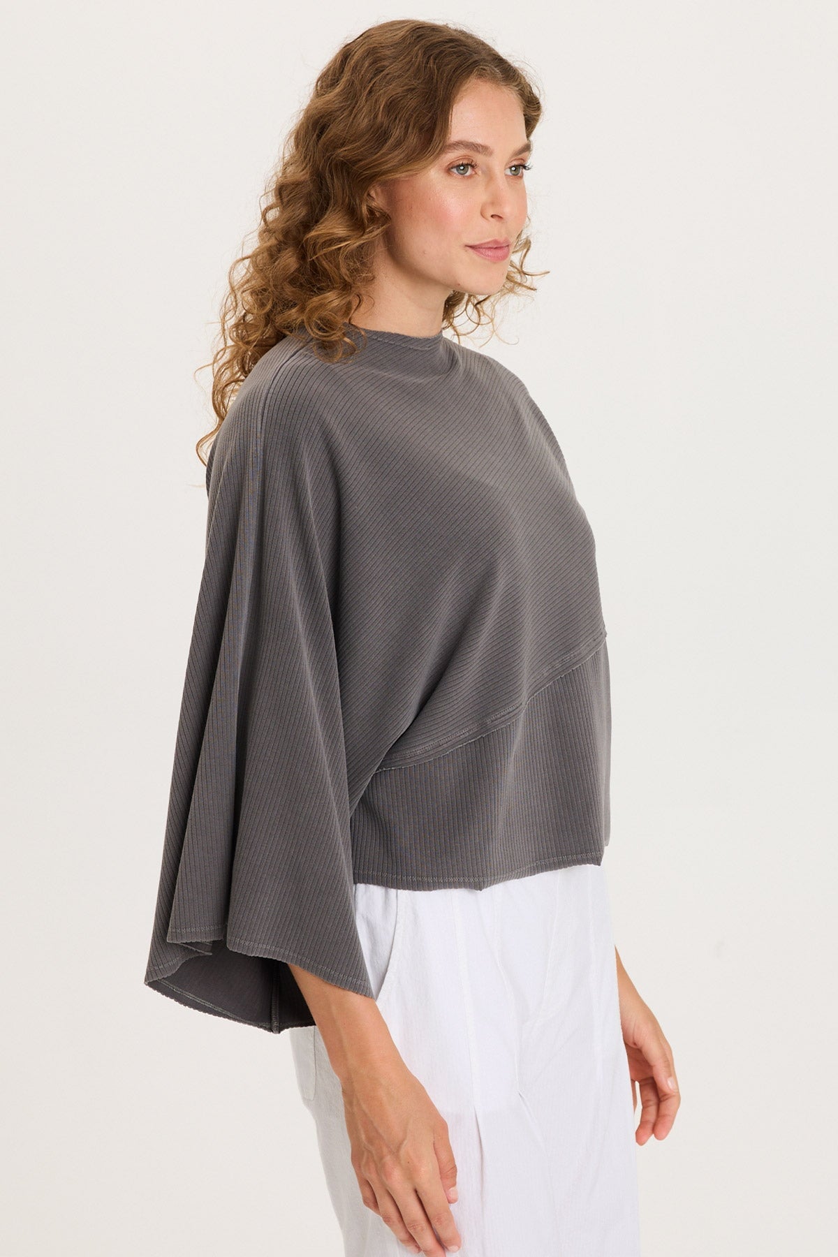 Gilchrist Asymmetrcal Short and Long Sleeve Rib Top Magnetic Grey Pigment - XCVI