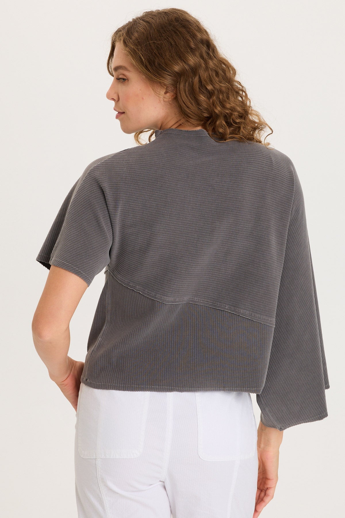 Gilchrist Asymmetrcal Short and Long Sleeve Rib Top Magnetic Grey Pigment - XCVI