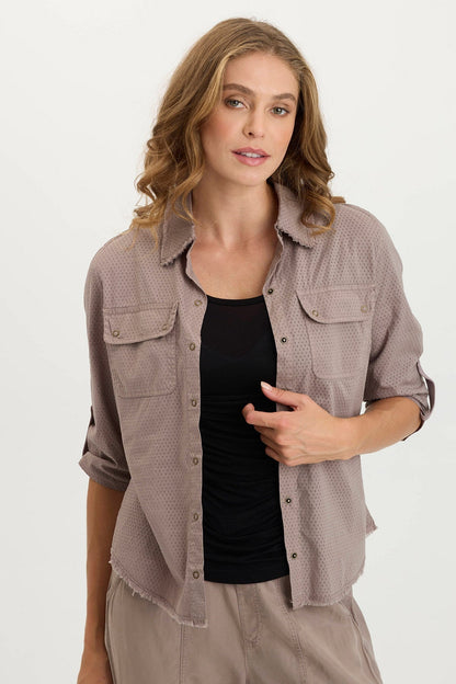 Arvin Peforated Poplin + Jersey Airy 3/4-Sleeve Snap-Up Top Poppy Seed - XCVI