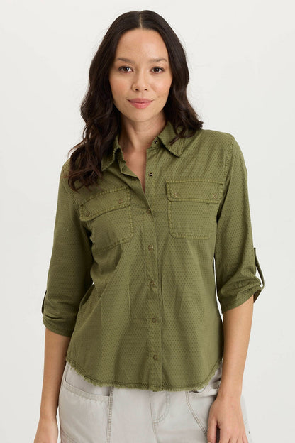 Arvin Peforated Poplin + Jersey Airy 3/4-Sleeve Snap-Up Top Cypress Pigment - XCVI