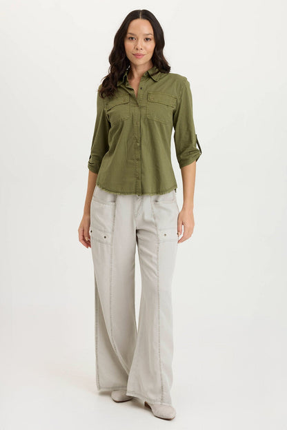 Arvin Peforated Poplin + Jersey Airy 3/4-Sleeve Snap-Up Top Cypress Pigment - XCVI