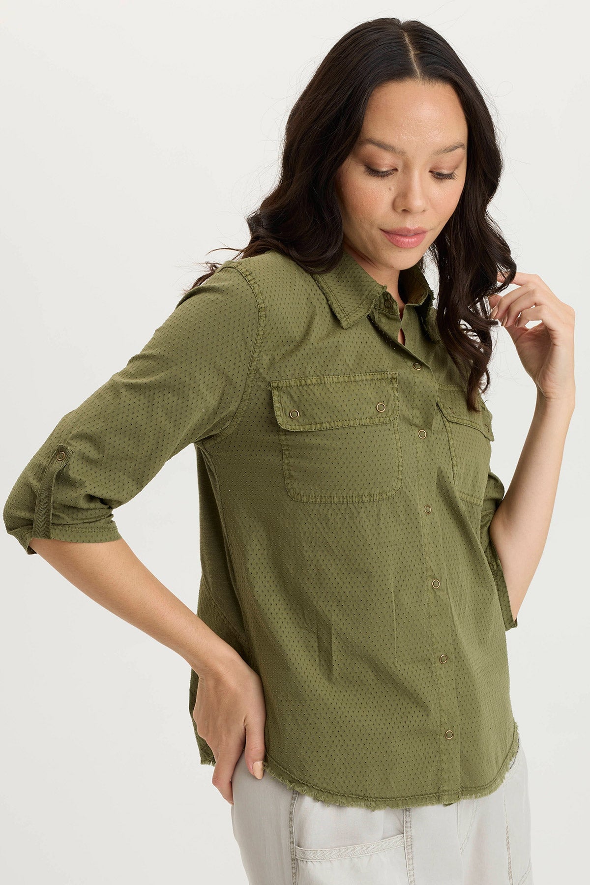 Arvin Peforated Poplin + Jersey Airy 3/4-Sleeve Snap-Up Top Cypress Pigment - XCVI