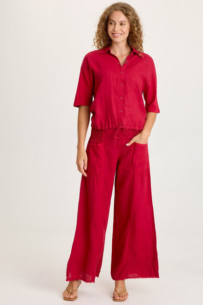 Balto Linen Snap-Up Top with Cinched Hem and Long Short Sleeves Red Garnet - XCVI