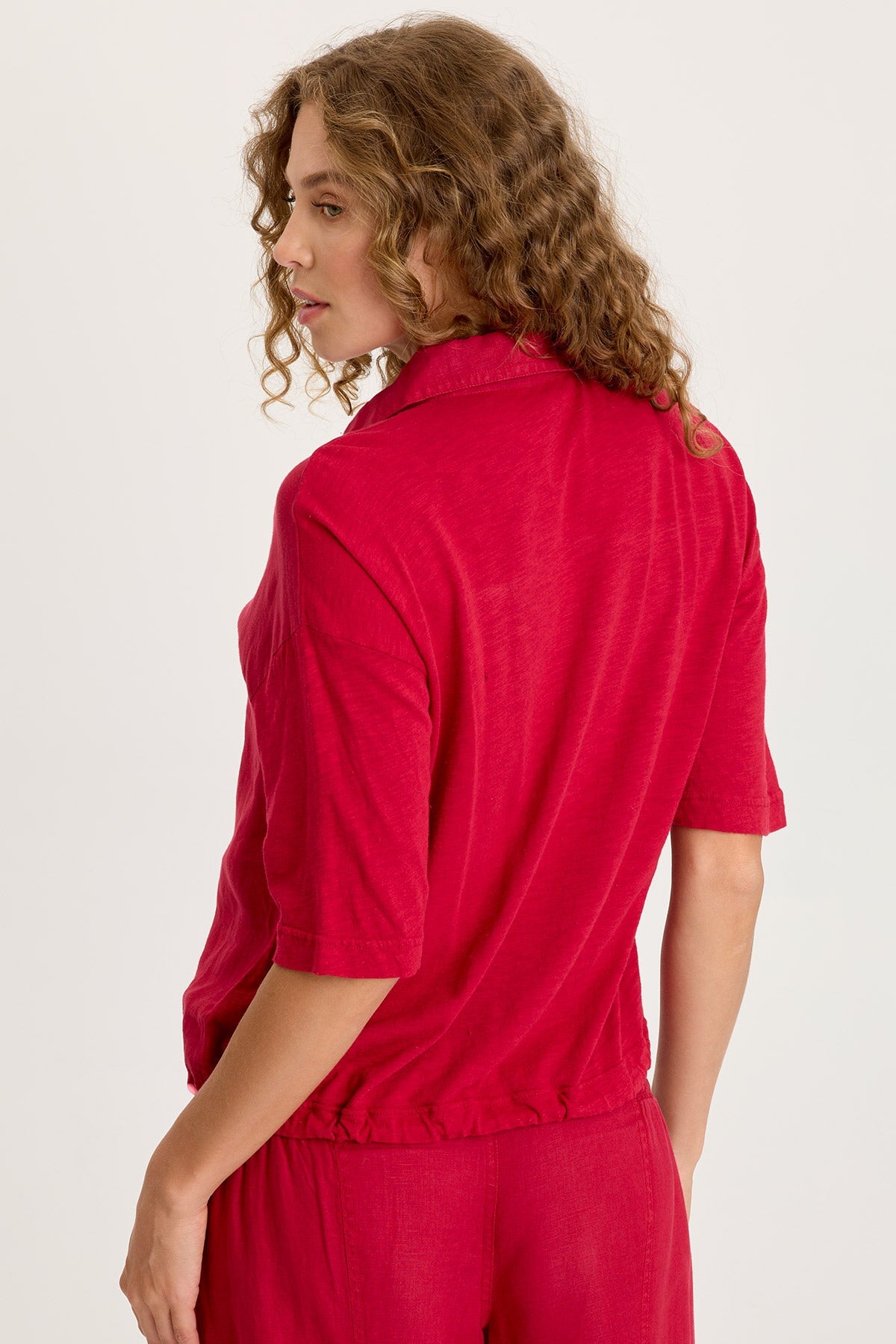 Balto Linen Snap-Up Top with Cinched Hem and Long Short Sleeves Red Garnet - XCVI