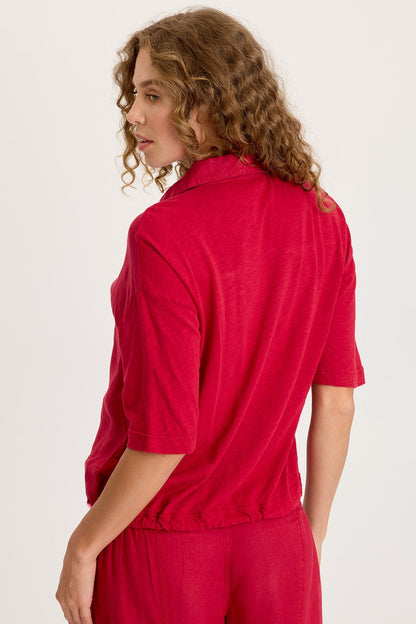 Balto Linen Snap-Up Top with Cinched Hem and Long Short Sleeves Red Garnet - XCVI