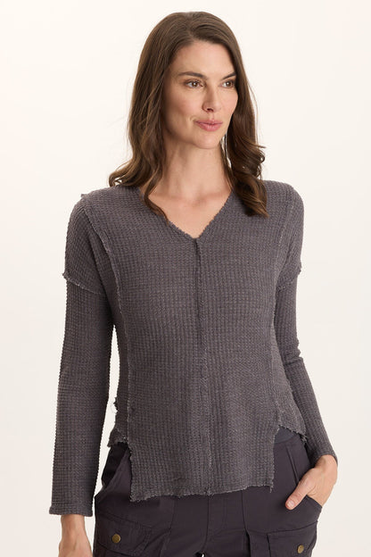 Arnie Thermal Asymmetrical Hem V-Neck Long-Sleeve Top Ashlar - XCVI