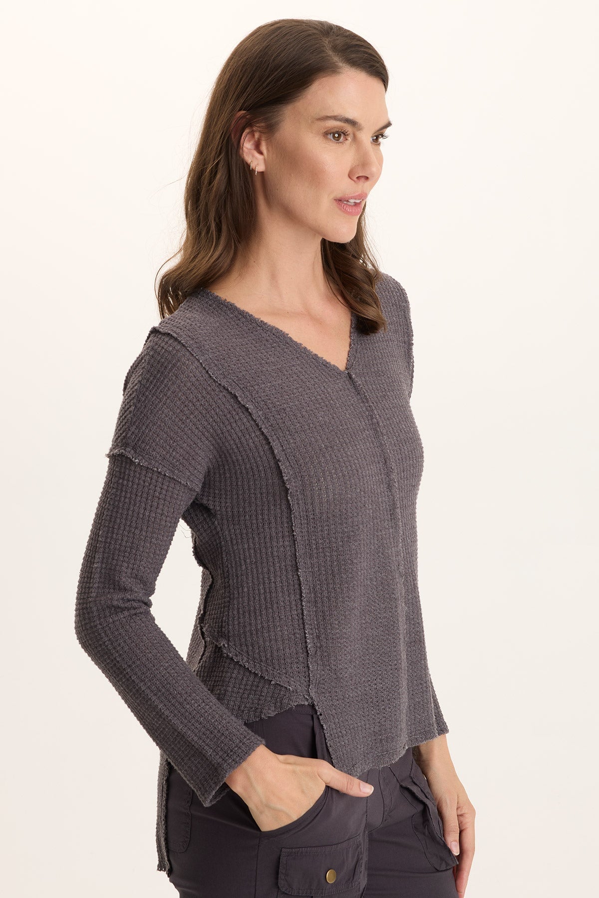 Arnie Thermal Asymmetrical Hem V-Neck Long-Sleeve Top Ashlar - XCVI