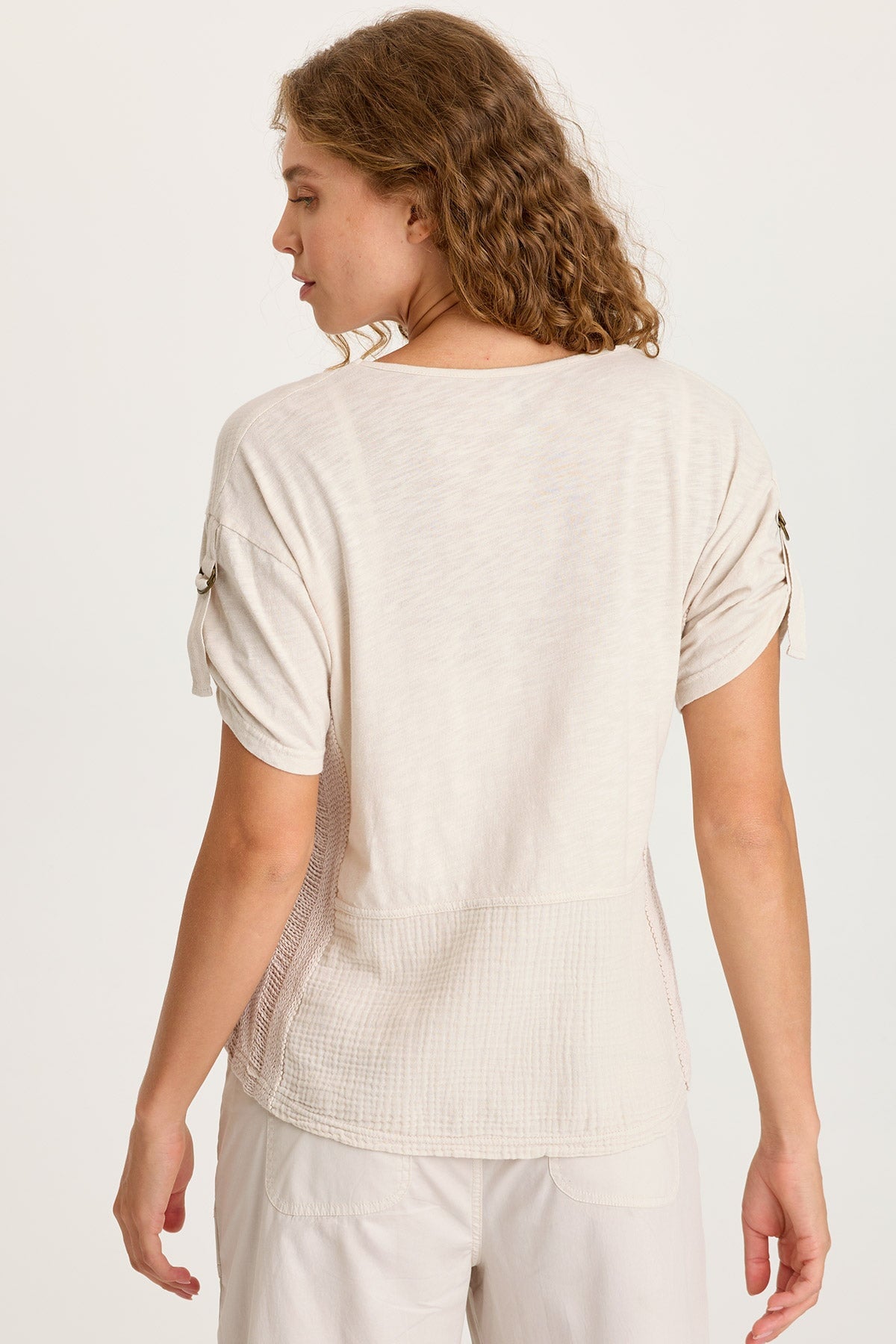 Milani Gauze Ladder Lace Trim Tabbed Short Sleeve V-Neck Top Sonic Silver - XCVI