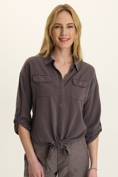 Wearables Tyrell Tie-Front Button-Up Charcoal - XCVI