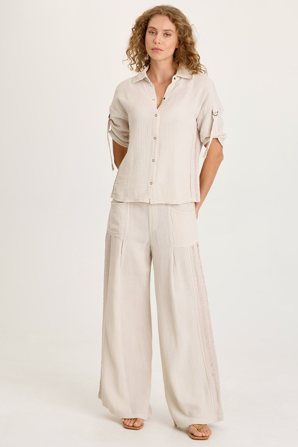 Kaleo Gauze Ladder Lace Trim Snap-Up Tabbed Sleeve Top Sonic Silver - XCVI