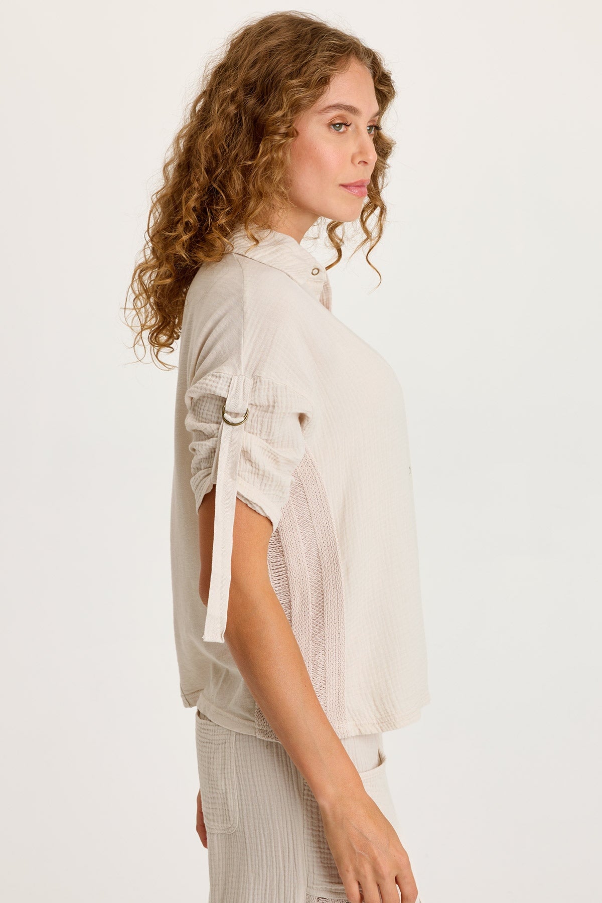 Kaleo Gauze Ladder Lace Trim Snap-Up Tabbed Sleeve Top Sonic Silver - XCVI