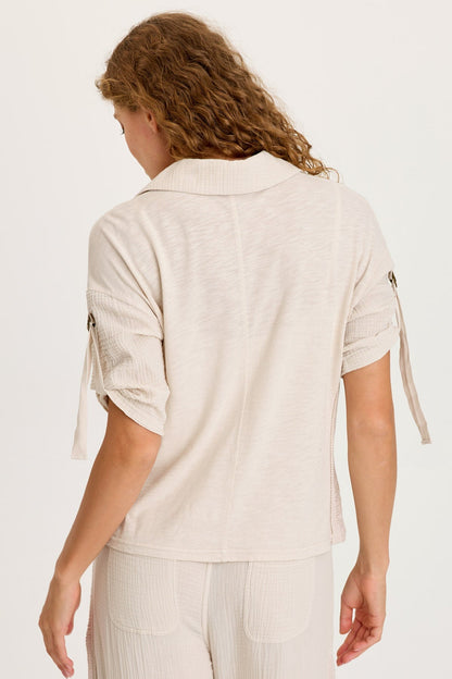 Kaleo Gauze Ladder Lace Trim Snap-Up Tabbed Sleeve Top Sonic Silver - XCVI