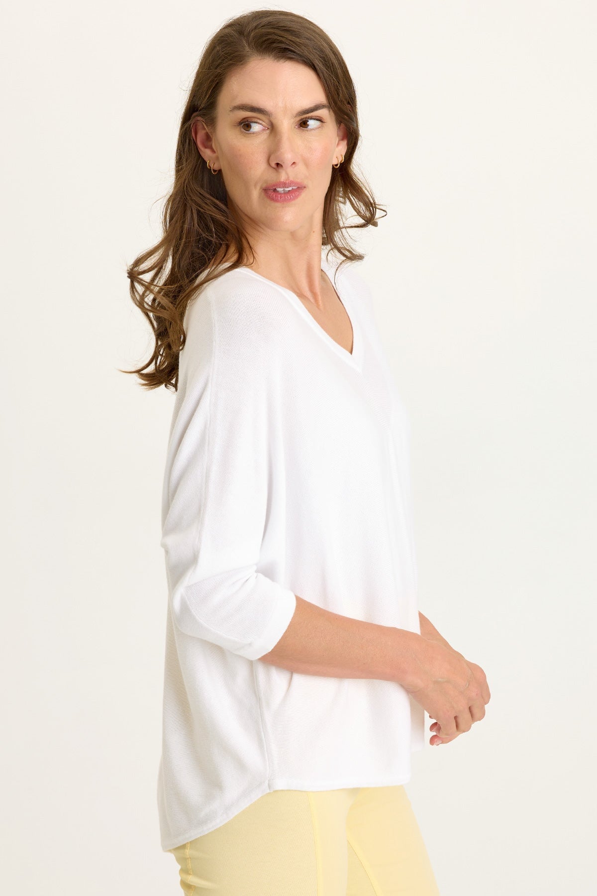 Wearables Zia Cotton Rayon V-Neck 3/4 Dolman Sleeve High Low Top White - XCVI