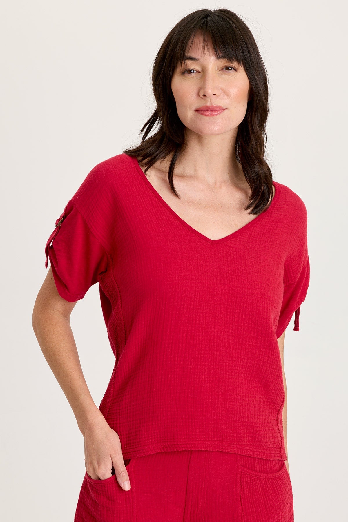 Milani Gauze Ladder Lace Trim Tabbed Short Sleeve V-Neck Top Red Garnet - XCVI