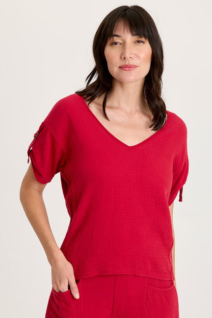 Milani Gauze Ladder Lace Trim Tabbed Short Sleeve V-Neck Top Red Garnet - XCVI