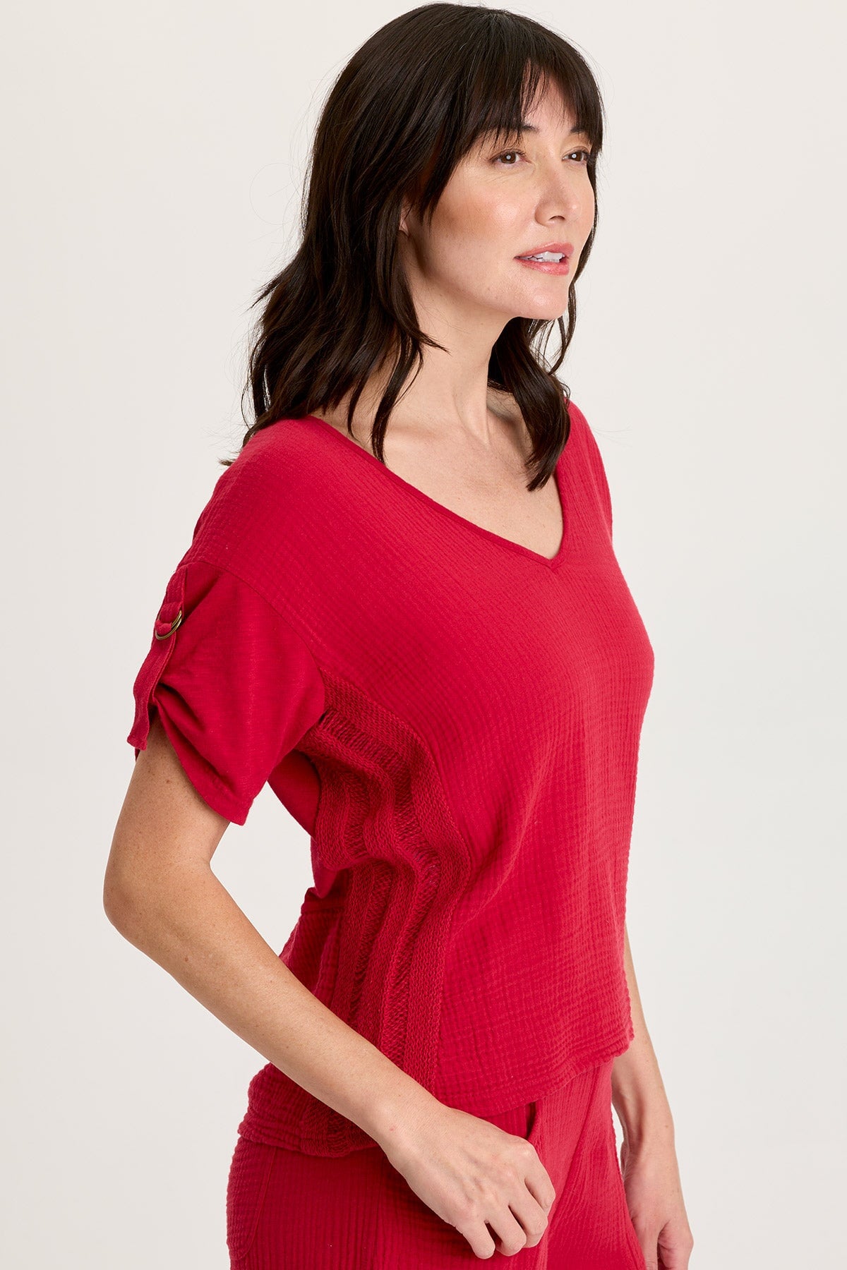 Milani Gauze Ladder Lace Trim Tabbed Short Sleeve V-Neck Top Red Garnet - XCVI
