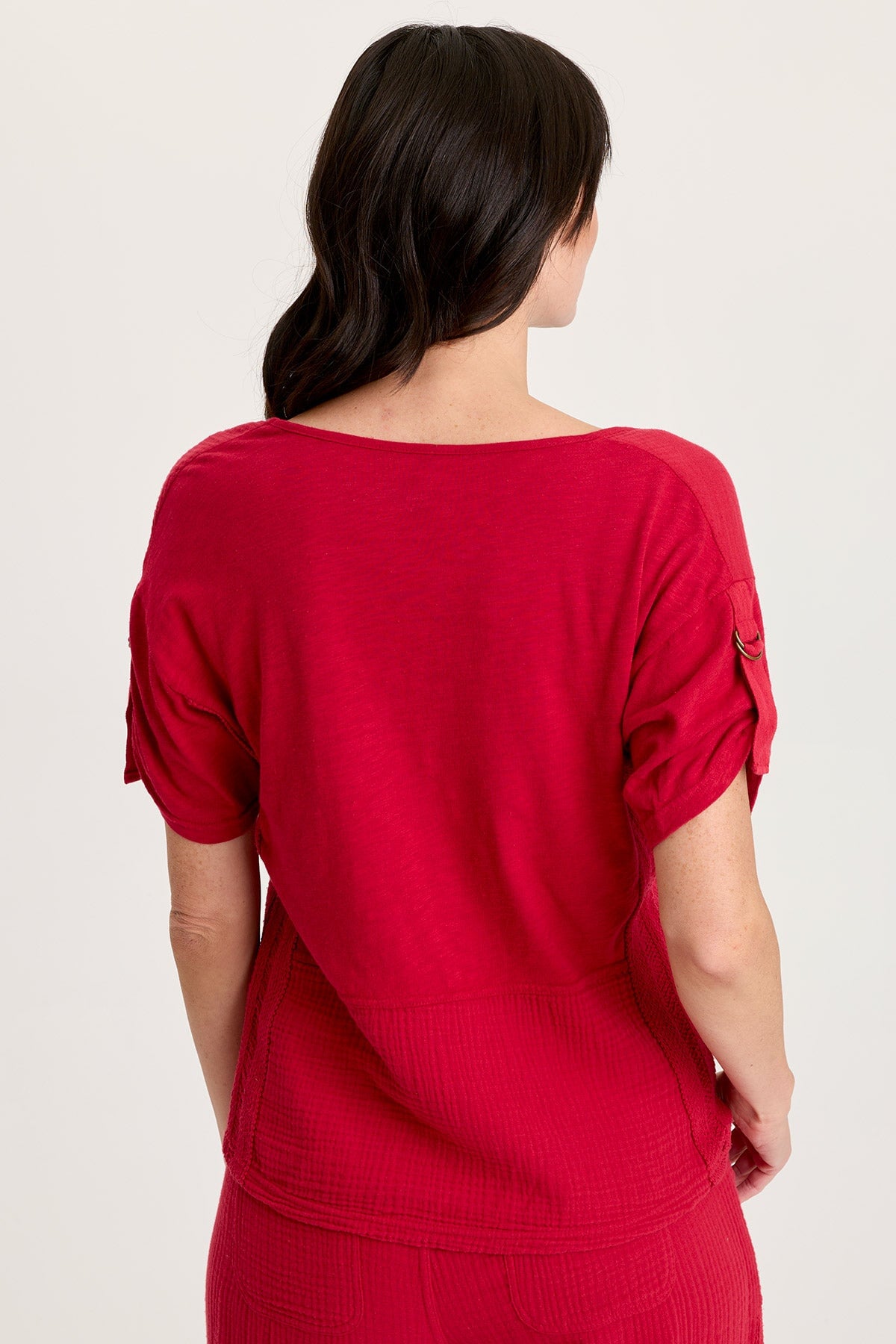 Milani Gauze Ladder Lace Trim Tabbed Short Sleeve V-Neck Top Red Garnet - XCVI