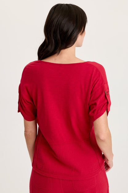 Milani Gauze Ladder Lace Trim Tabbed Short Sleeve V-Neck Top Red Garnet - XCVI