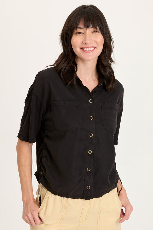 Kimbel Tencel Twill Classic Button-Up Short Sleeve Top Black - XCVI