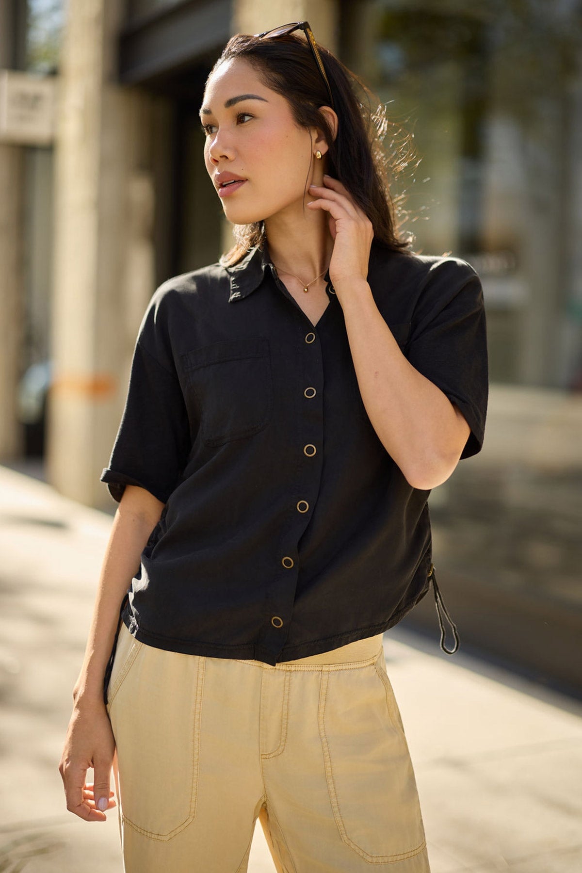 Kimbel Tencel Twill Classic Button-Up Short Sleeve Top Black - XCVI
