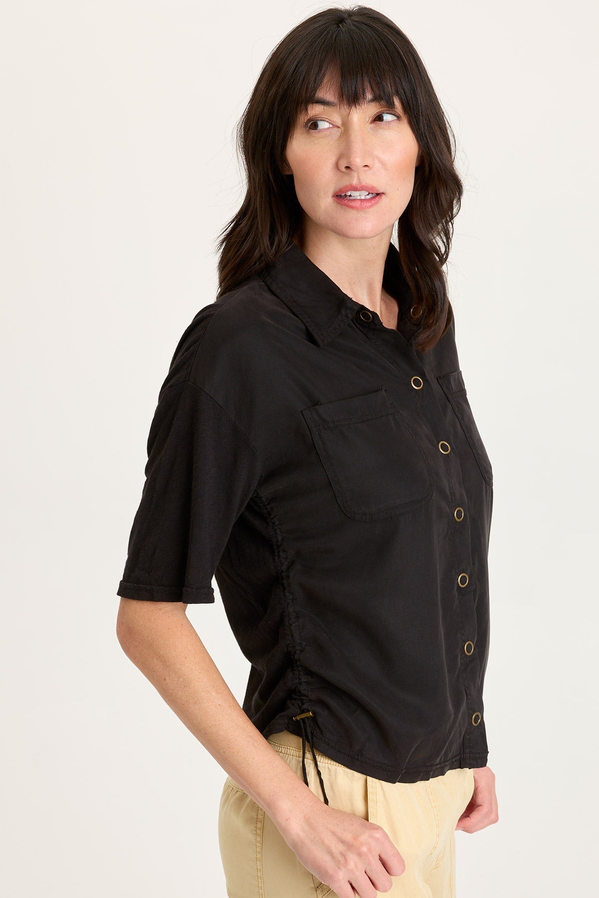 Kimbel Tencel Twill Classic Button-Up Short Sleeve Top Black - XCVI
