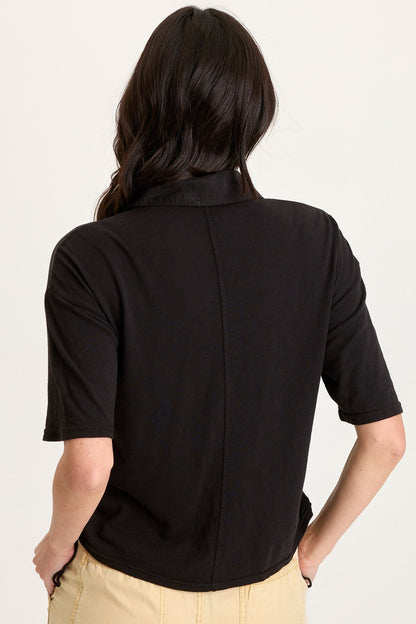 Kimbel Tencel Twill Classic Button-Up Short Sleeve Top Black - XCVI