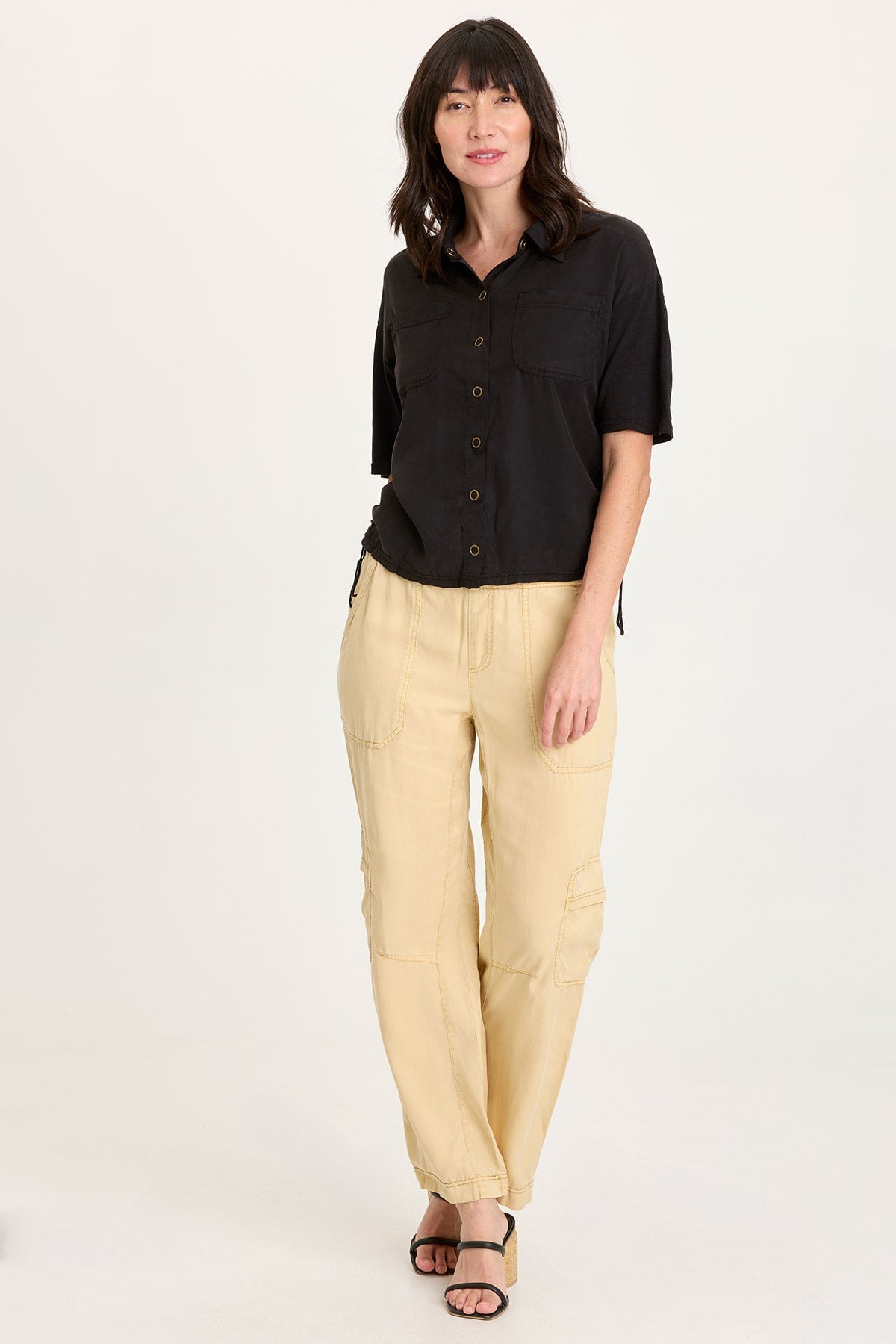 Kimbel Tencel Twill Classic Button-Up Short Sleeve Top Black - XCVI