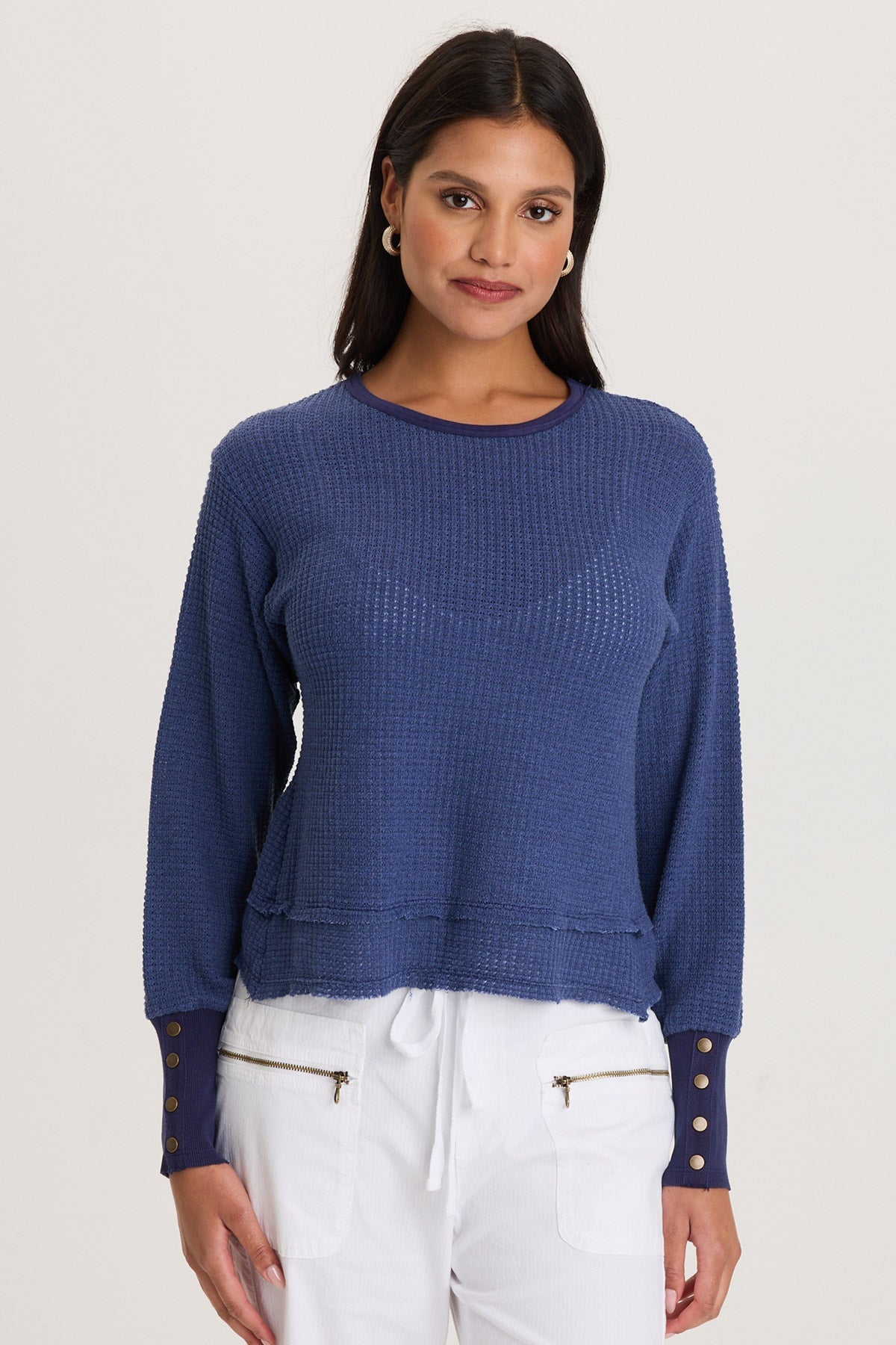 Long Ribbed Buttoned Cuffs Thermal Long Sleeve Kelsoe Crew Neck Hague Blue Pigment - XCVI